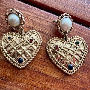 CAbi Gold Heart Drop Earrings with Pearl Tops and Multicolor Stones